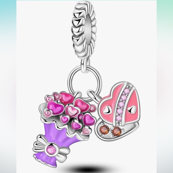 Flowers and heart charm Sterling silver to fit your Pandora bracelet - Picture 1 of 2